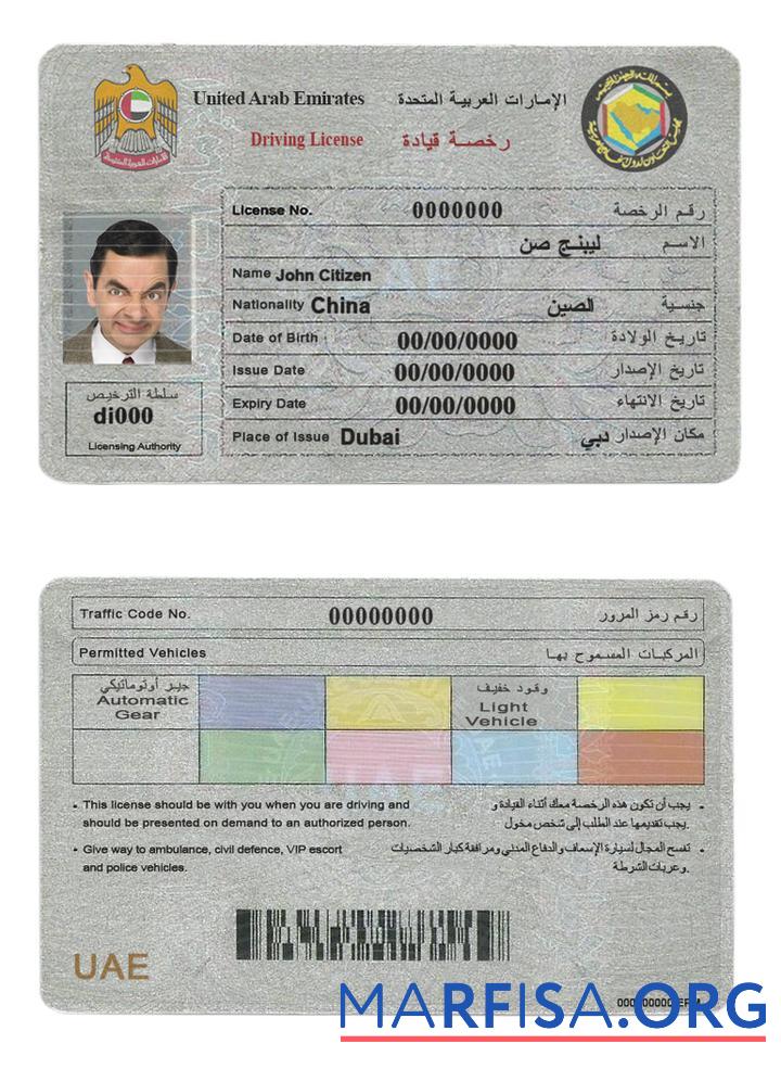 Printable UAE (United Arab Emirates) driving license example